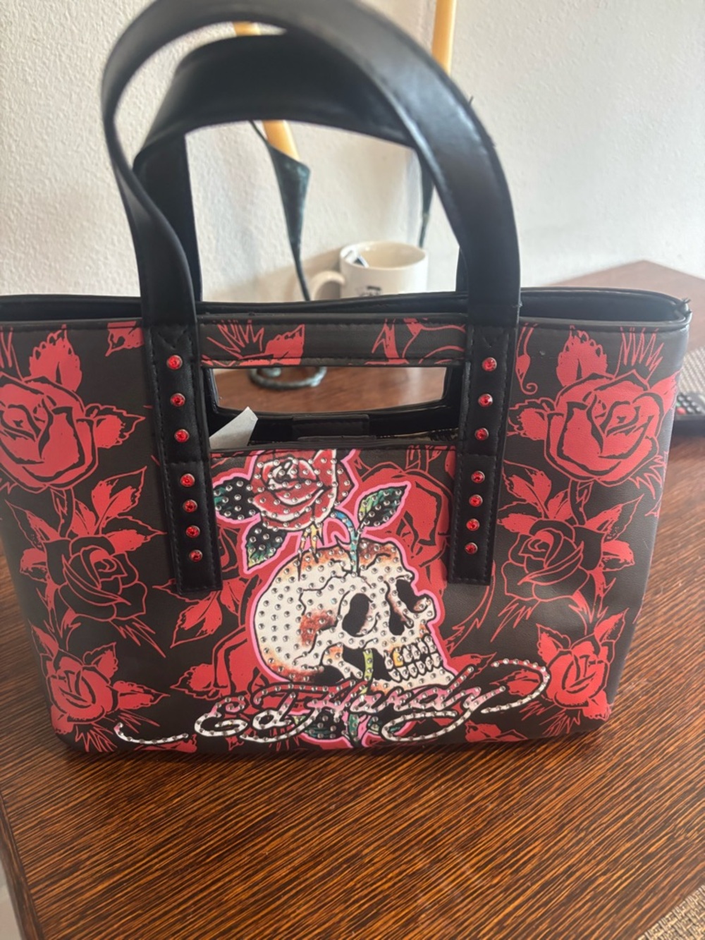 Ed Hardy Red and Black Floral Skull Tote